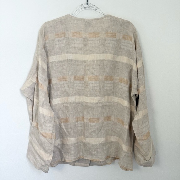 GERTIES Cream Striped Long Sleeve 100% Linen Blouse Cardigan Vacation Size L - Picture 3 of 8
